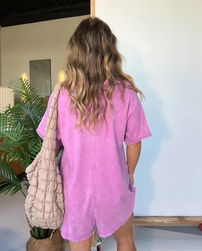 Washed pocket romper, pink, short sleeves, back view with patch pockets