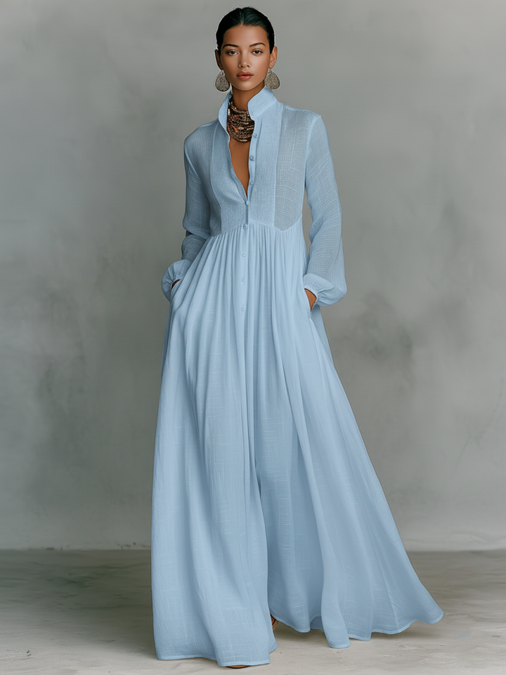 Women’s cotton-linen button maxi dress, long sleeves, V-neck, light blue