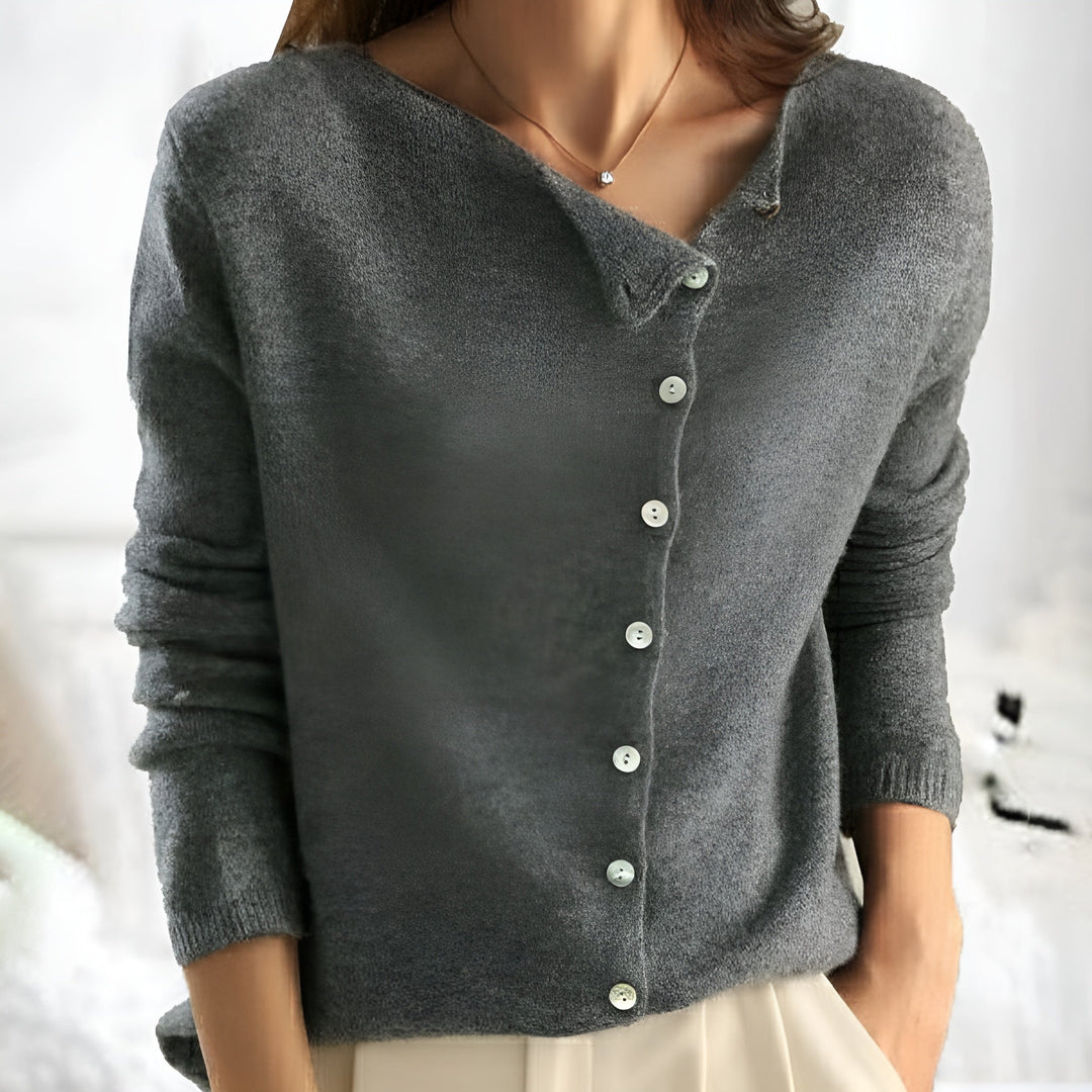 Gray button-front knit sweater with V-neck and long sleeves, ribbed cuffs