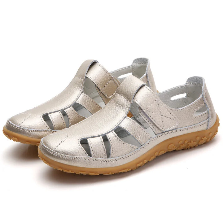 Gold orthopedic anti-slip sandal with hook-and-loop straps and textured rubber sole