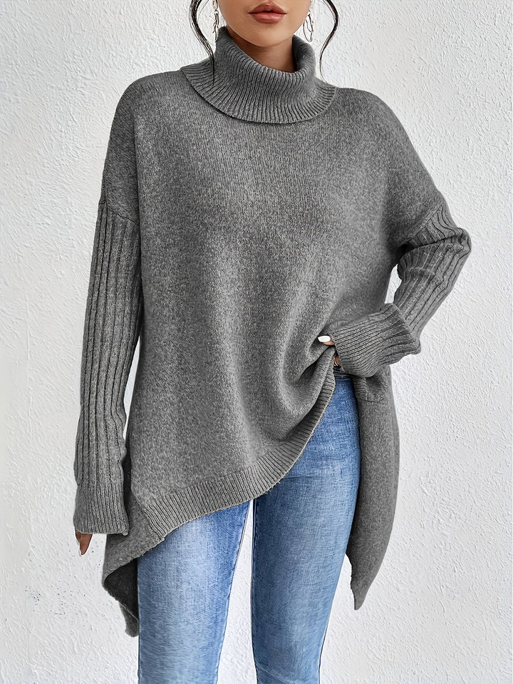 Oversized turtleneck sweater in dark grey knit with ribbed sleeve cuffs
