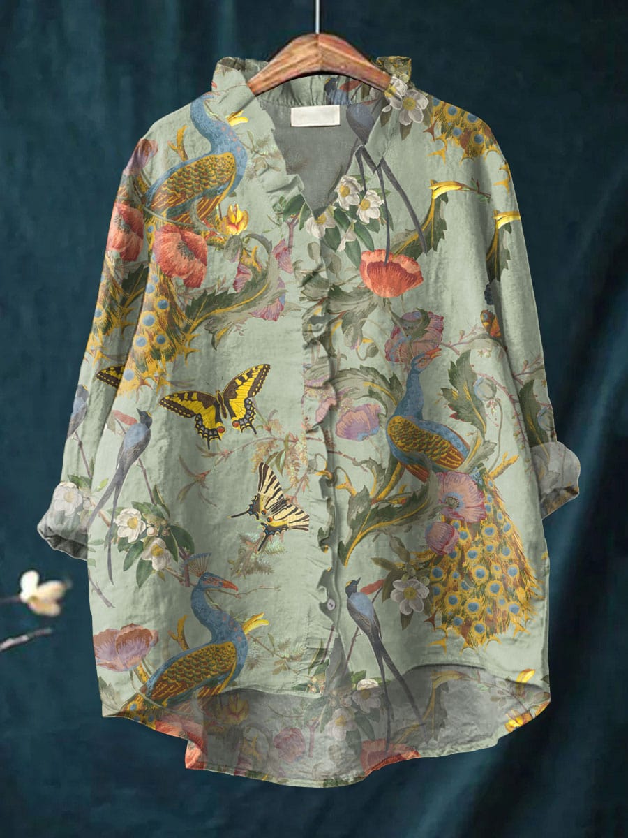 Relaxed linen blouse with light green floral bird and butterfly print, long sleeves