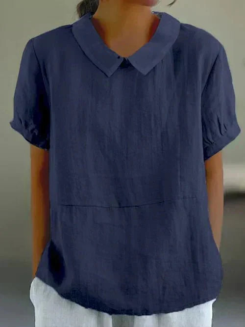Lina soft-collar blouse, dark blue, short sleeves and pointed collar