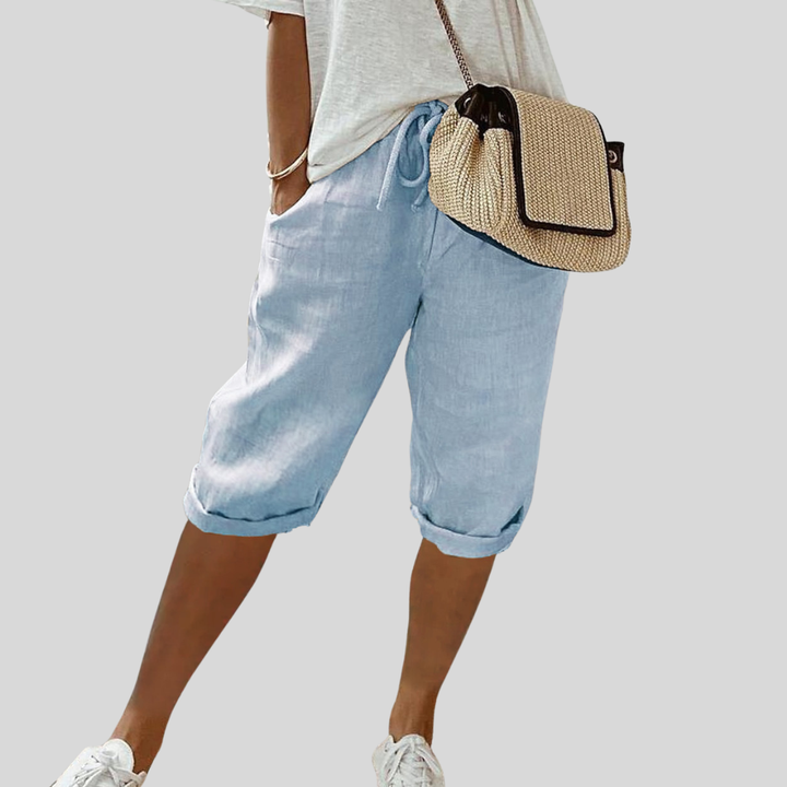 Carmen relaxed capri pants in light blue, drawstring waist, cuffed hems