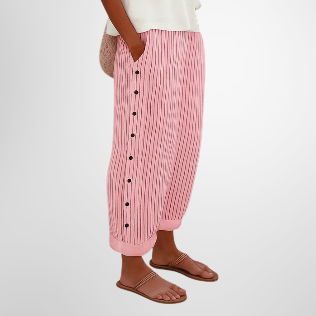 Pink striped button-front pants with vertical button placket and elastic ankle cuffs