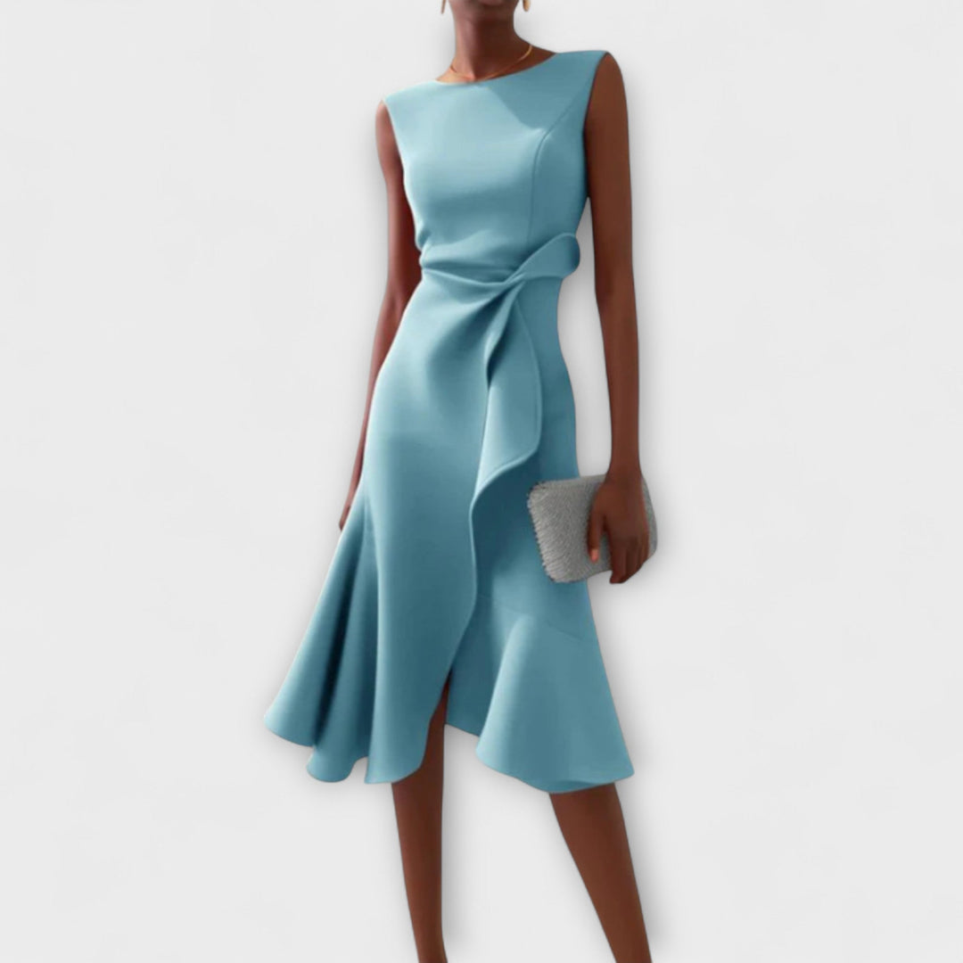 Light blue asymmetric draped midi dress, sleeveless with knot at waist and flared skirt