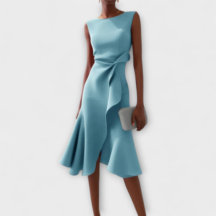Light blue asymmetric draped midi dress, sleeveless with knot at waist and flared skirt