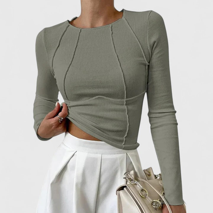 Olive green ribbed seam-detail top with long sleeves and crew neck