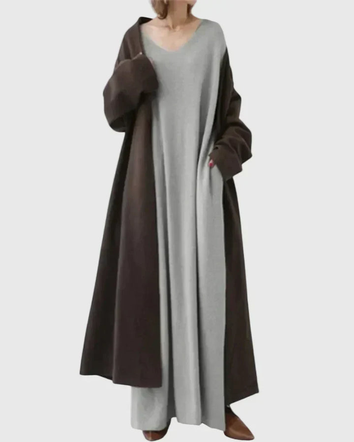 Relaxed cocoon maxi dress, gray V-neck, long sleeves, side slit hem with dark drape
