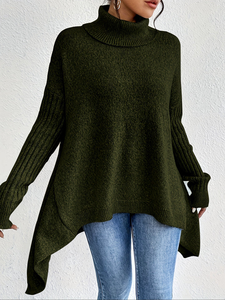 Olive green oversized turtleneck sweater with long ribbed sleeves and uneven high-low hem