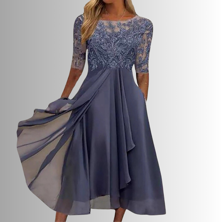 Blue lace evening dress with draped side overlay, 3/4 sleeves, pleated skirt