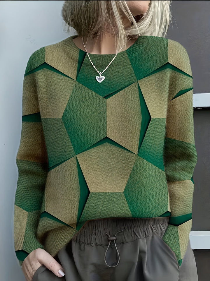 Green geometric knit sweater with wide V-neck and long sleeves