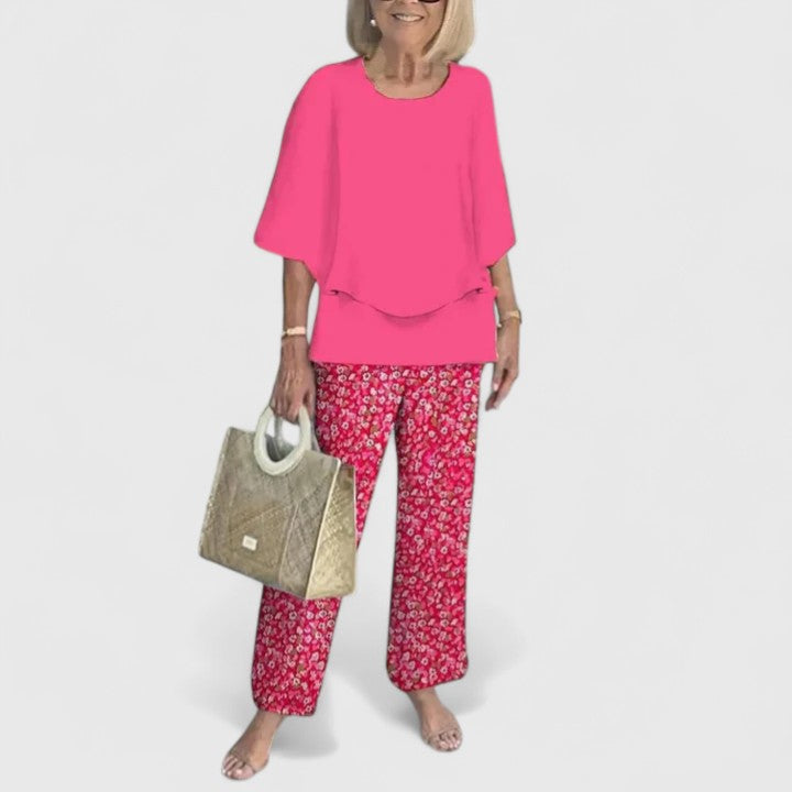 Two-piece blouse and trousers set, hot pink blouse and red floral wide-leg pants