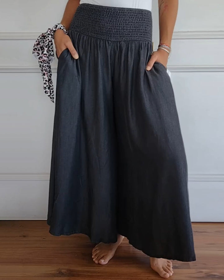 Dark blue wide-leg pants with ruched elastic waistband and full flowing drape