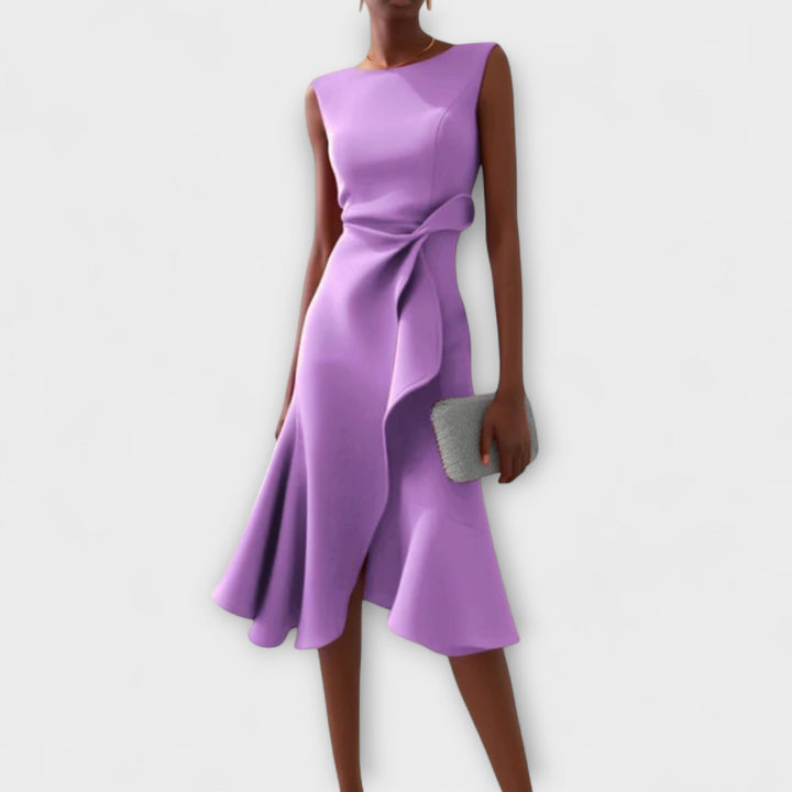 Purple asymmetric draped midi dress, sleeveless with knot at waist and flared skirt