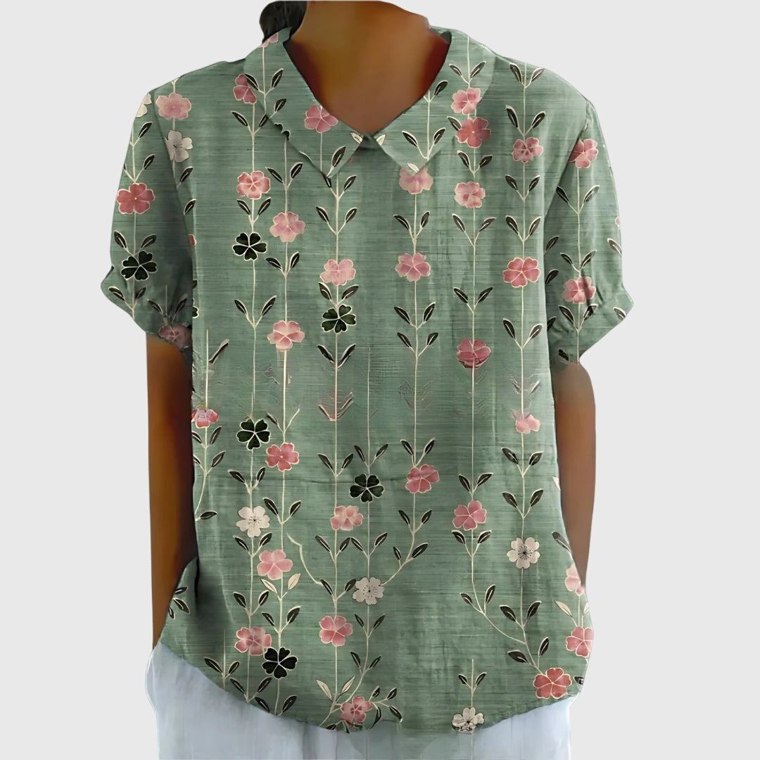 Floral collar blouse in green with pink and white flower print, short sleeves