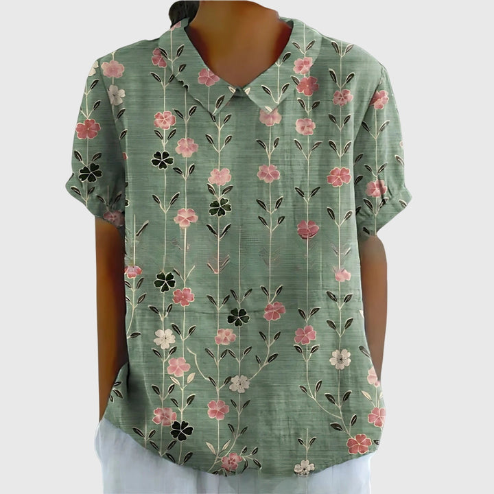 Floral collar blouse in green with pink and white flower print, short sleeves