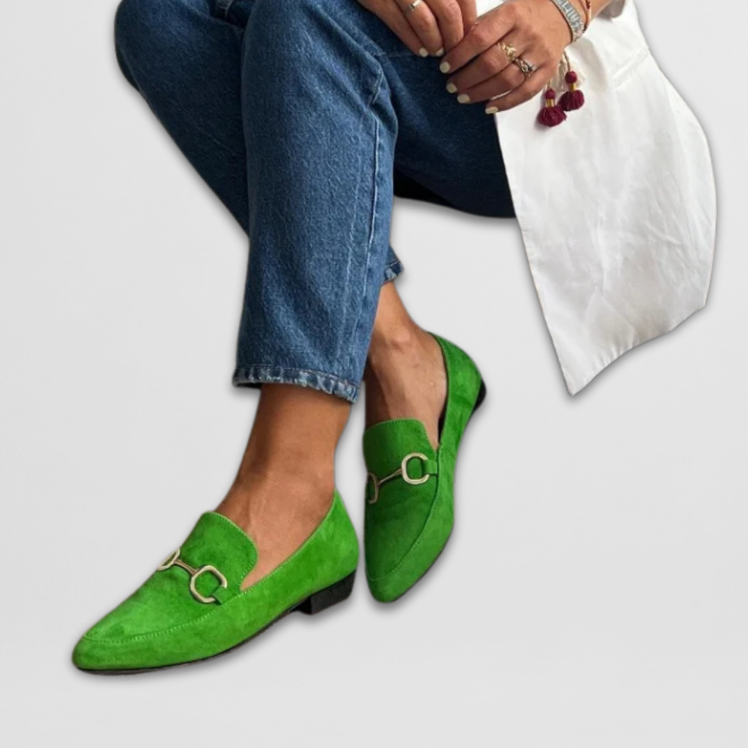 Green suede chain-detail slip-on loafers with metal horsebit detail