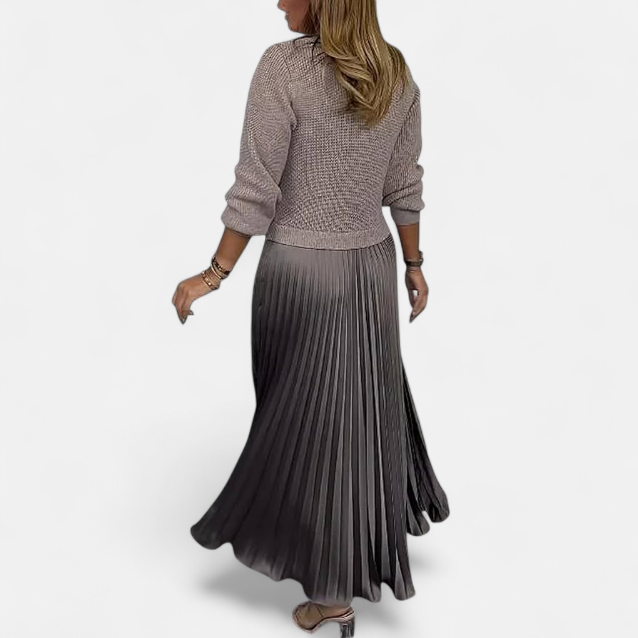 Sweater and pleated skirt set: taupe knit sweater with gray pleated midi skirt (back view)