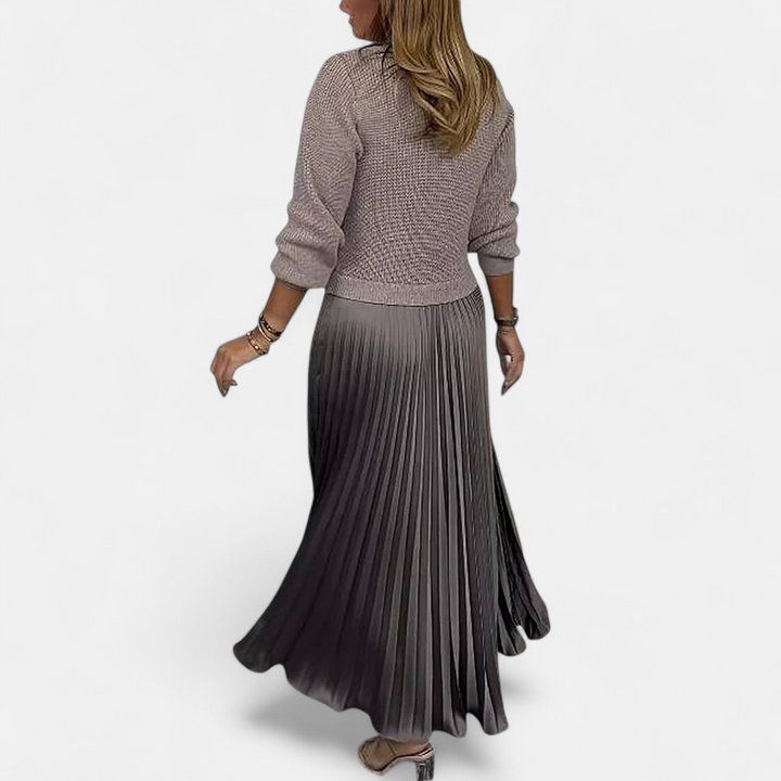 Sweater and pleated skirt set: taupe knit sweater with gray pleated midi skirt (back view)