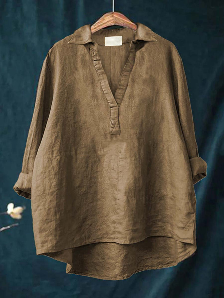 Olive khaki linen blouse with V-neck and short button placket, relaxed fit