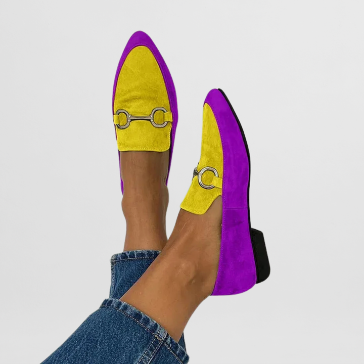 Purple and yellow suede chain-detail slip-on loafers with metal horsebit detail