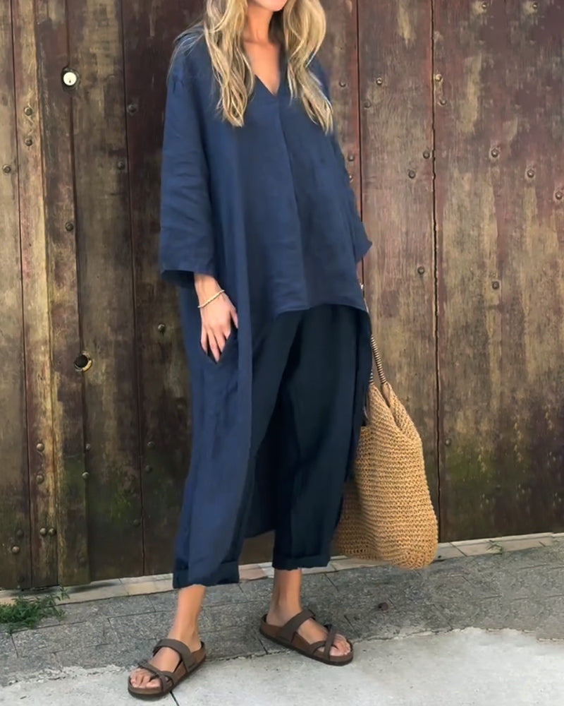 Navy V-neck tunic and cropped wide-leg pants set with loose, baggy fit