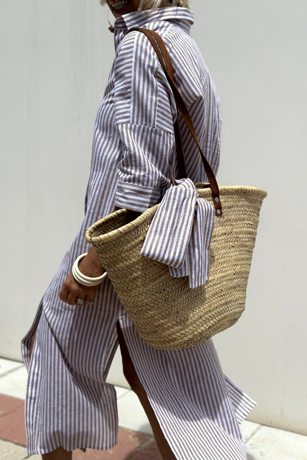 Neutral striped shirt midi dress with button-front placket and rolled sleeves