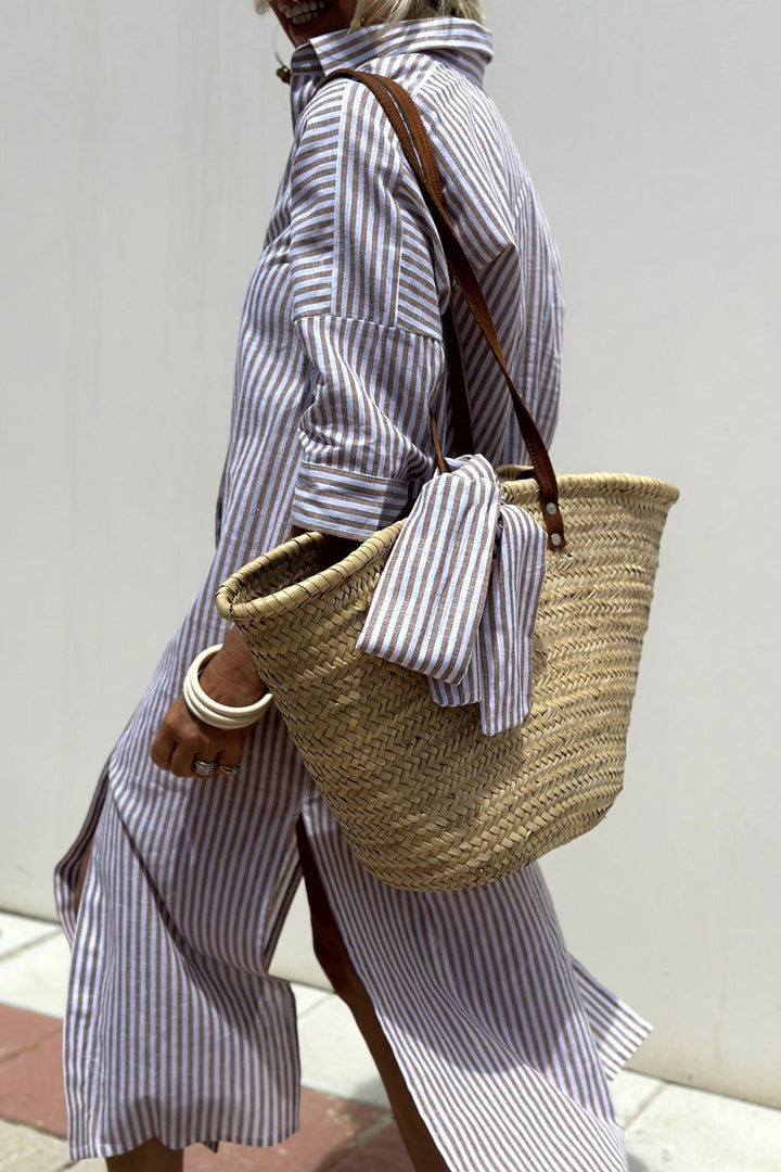 Neutral striped shirt midi dress with button-front placket and rolled sleeves