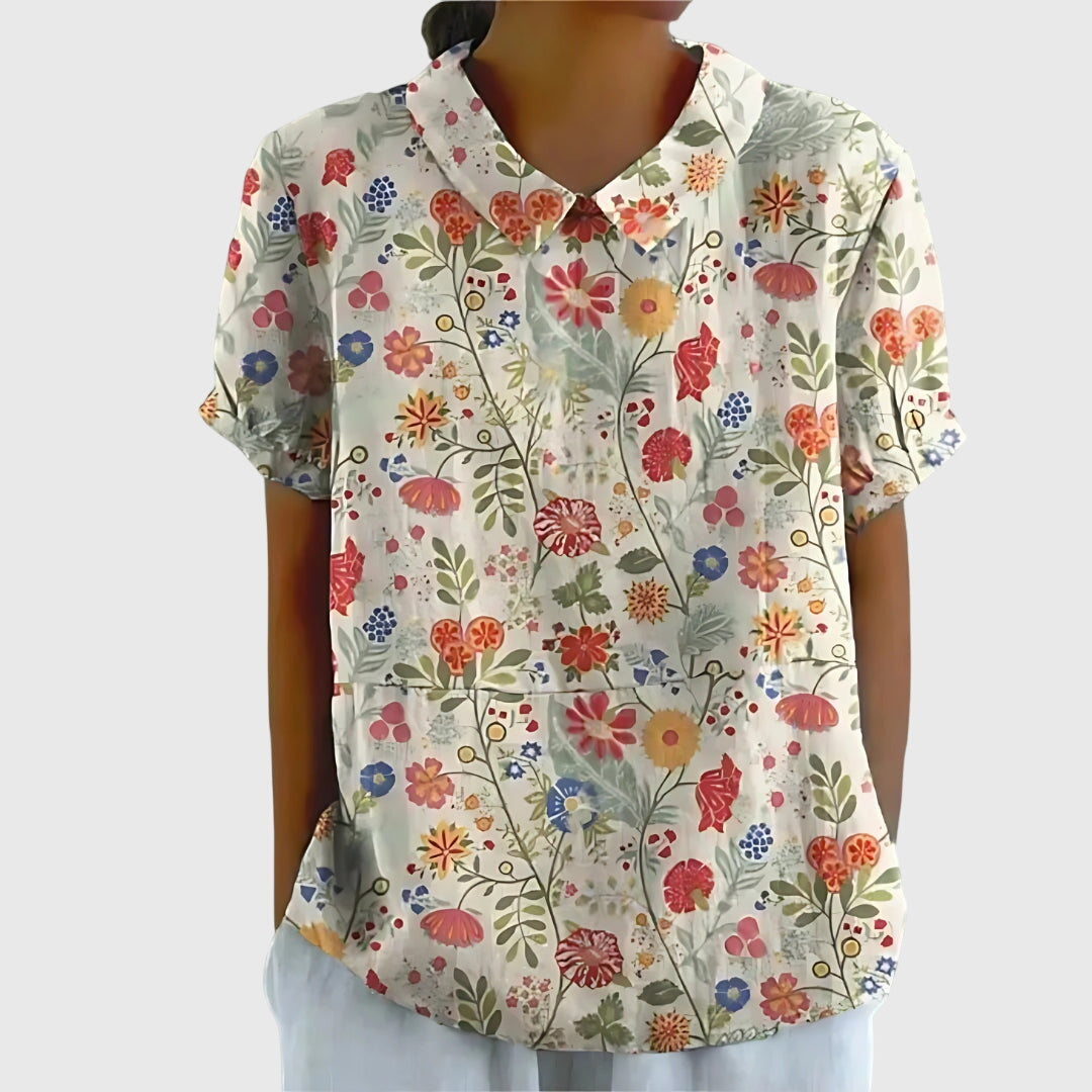 Floral collar blouse in off-white with multicolor botanical print, short sleeves