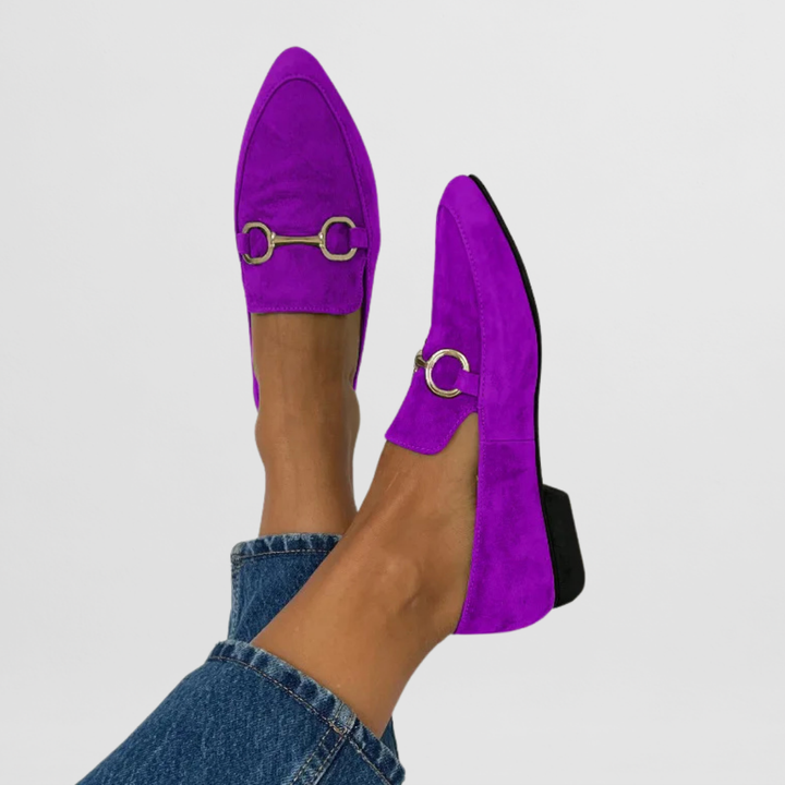 Purple suede chain-detail slip-on loafers with metal horsebit detail