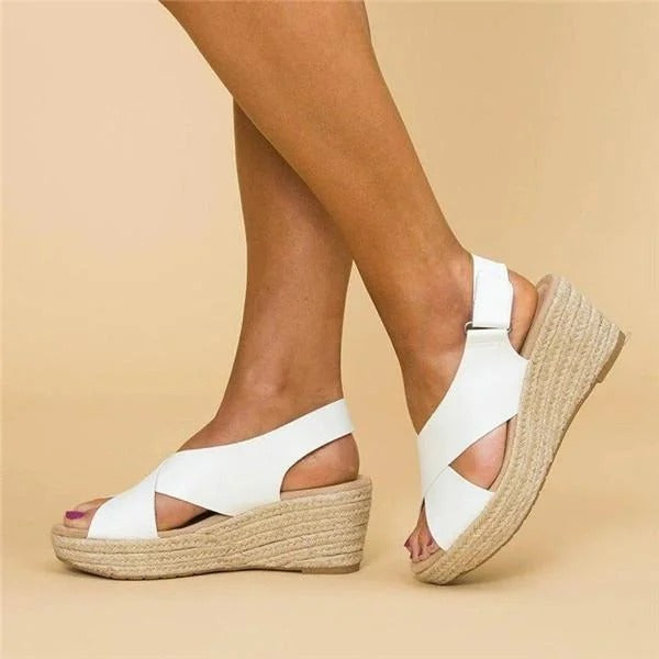 Orthopaedic espadrille wedge sandals, white cross straps on wedge heel