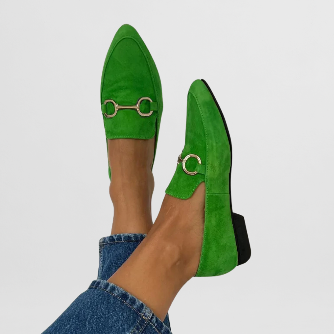 Green suede chain-detail slip-on loafers with metal horsebit detail