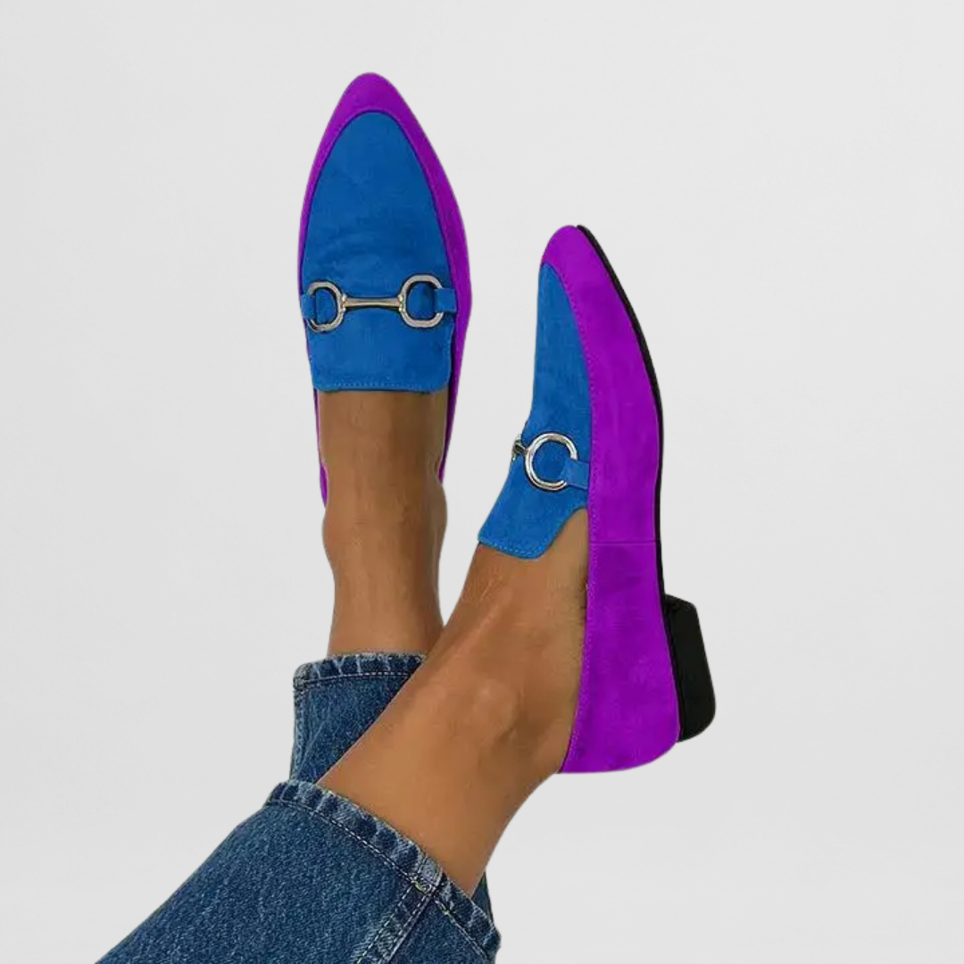 Purple and blue suede chain-detail slip-on loafers with metal horsebit detail