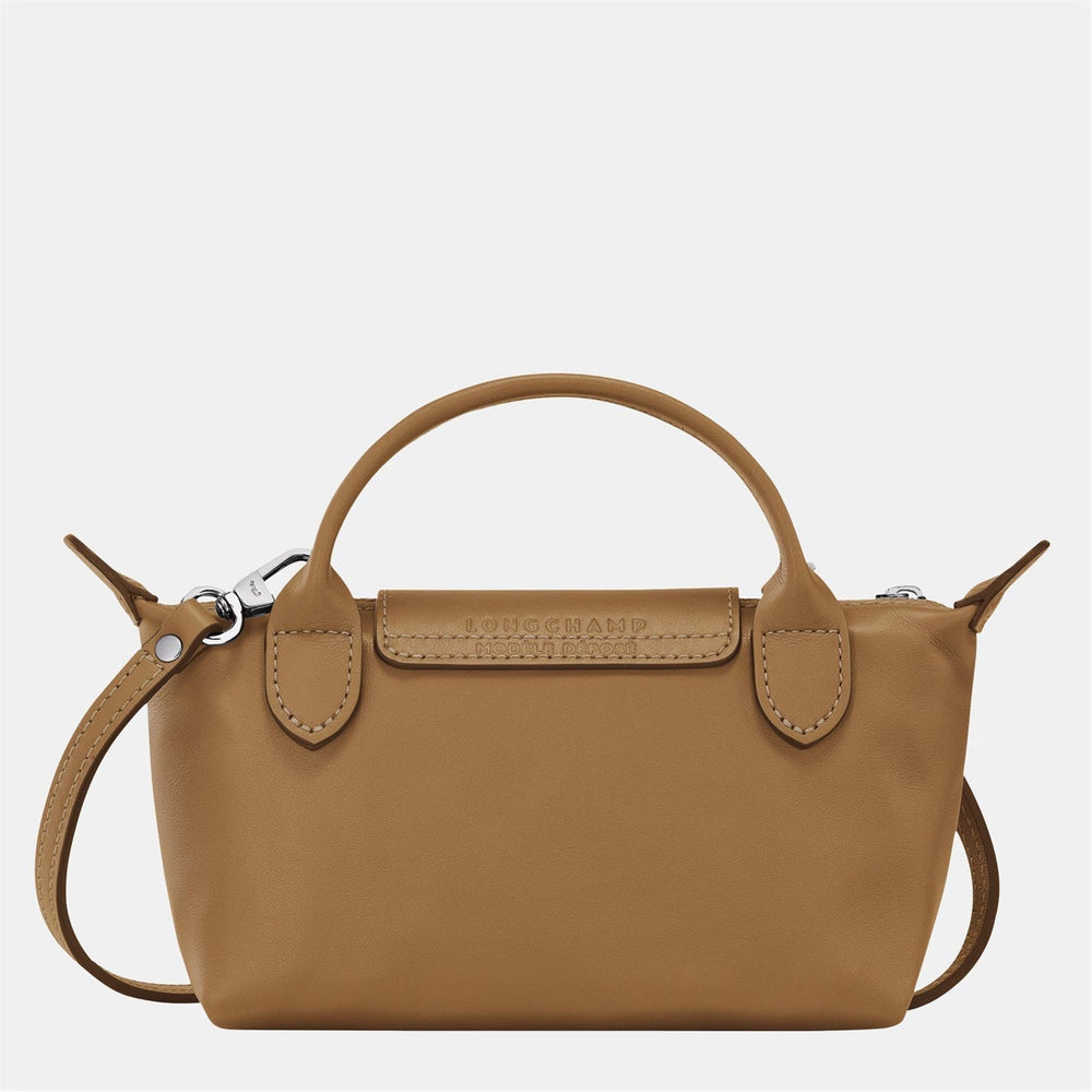 Longchamp mini leather tote bag, front flap detail and top handles, tan