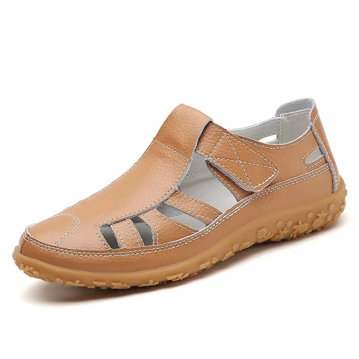 Brown orthopedic anti-slip sandal with hook-and-loop straps and textured rubber sole