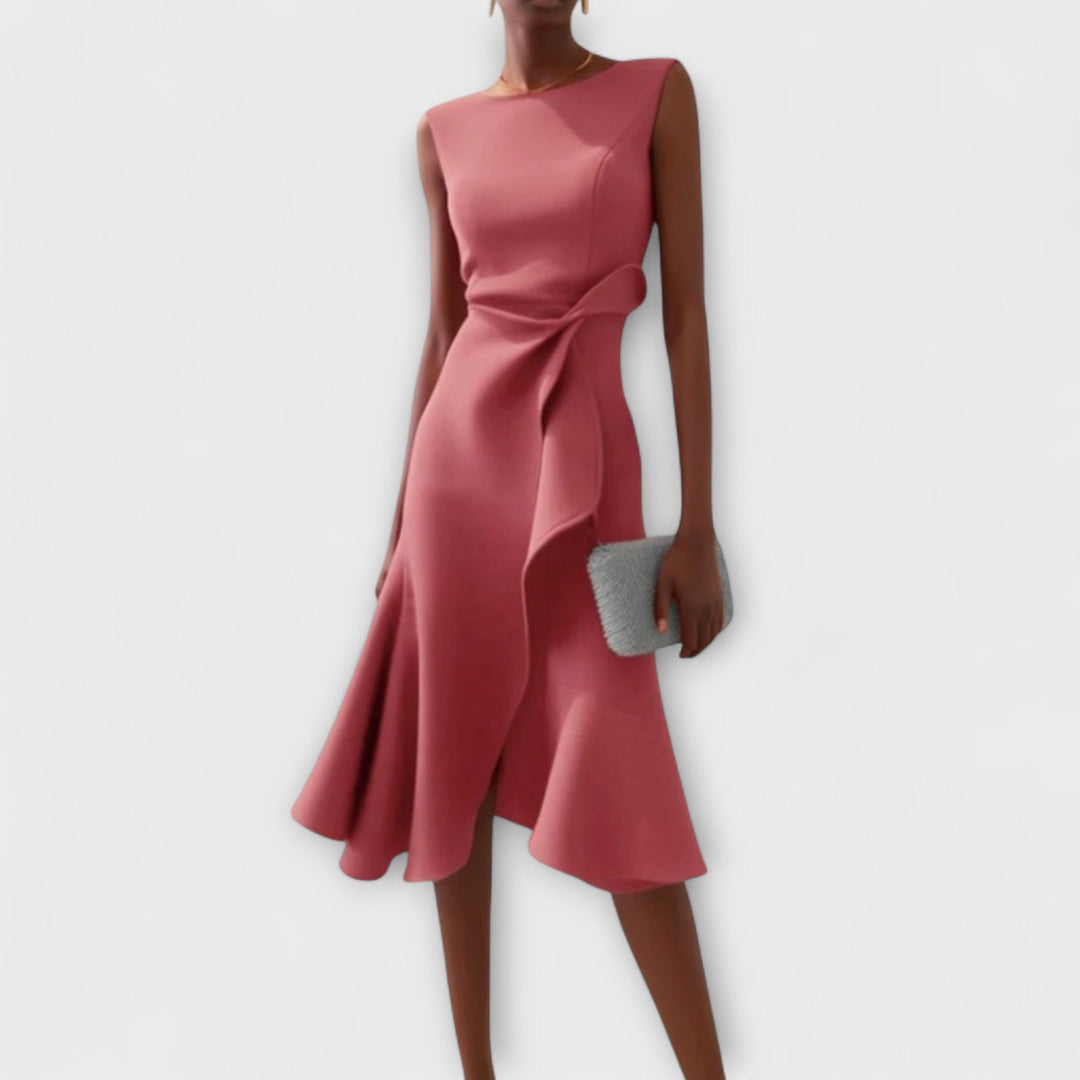 Rose pink asymmetric draped midi dress, sleeveless with knot at waist and flared skirt