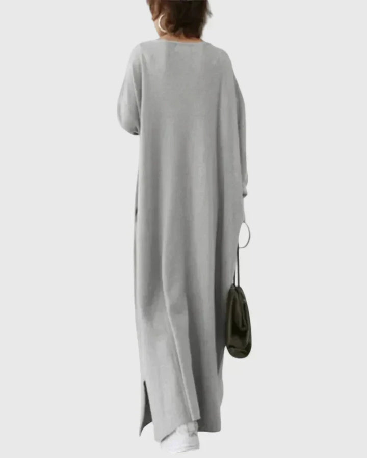 Relaxed cocoon maxi dress, gray, back view, long sleeves, side slit hem