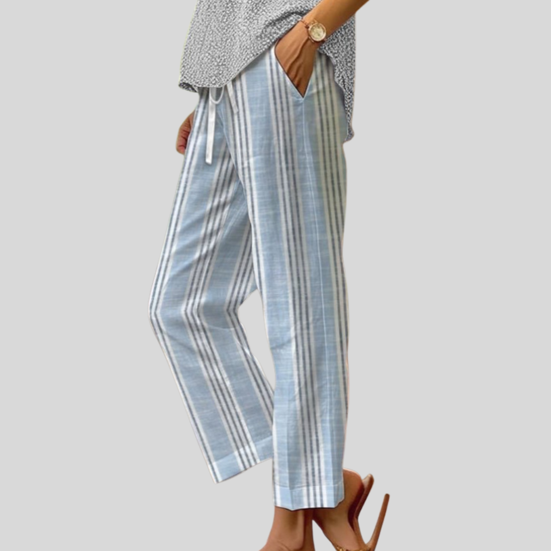 Light blue striped soft drawstring pants, cropped at ankle