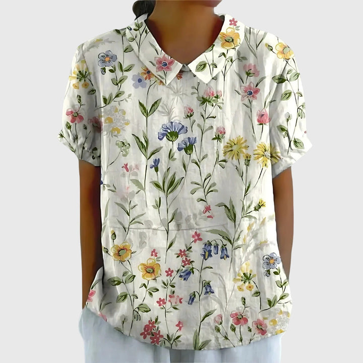 Floral collar blouse in white with multicolor flower print, short sleeves