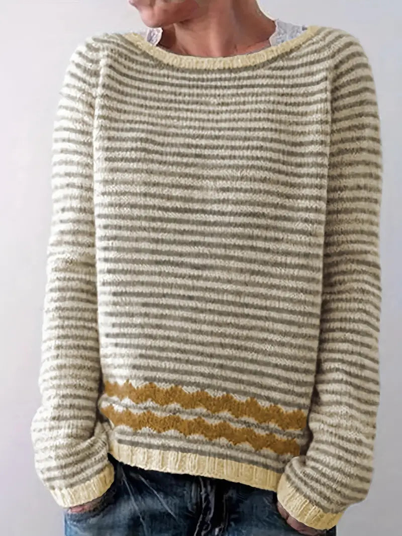Soft stripe knit sweater in cream and taupe with contrasting mustard hem band