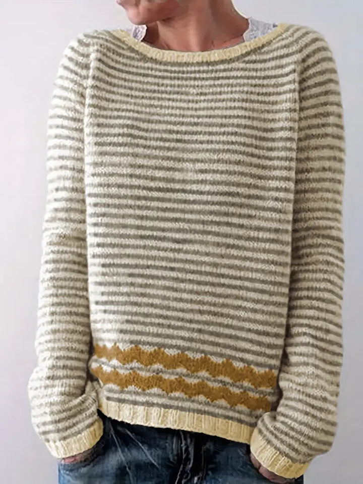 Soft stripe knit sweater in cream and taupe with contrasting mustard hem band