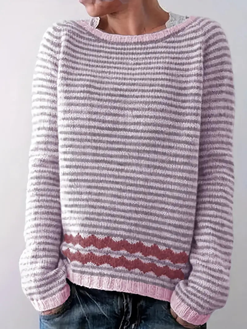 Soft stripe knit sweater in lavender and white with contrasting pink hem band