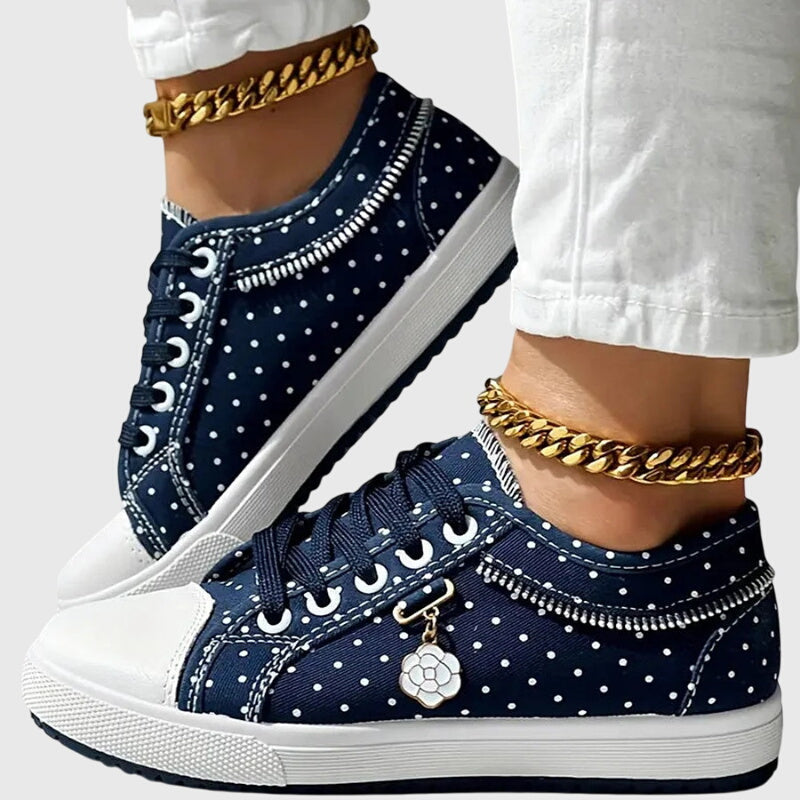 Navy lace-up casual sneakers with star dots, floral charm and white rubber toe cap
