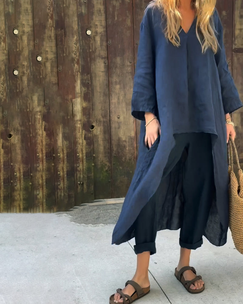 Navy two-piece set with long tunic top and cropped wide-leg trousers