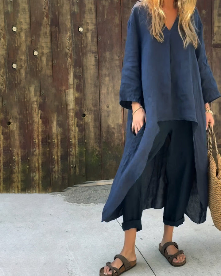 Navy two-piece set with long tunic top and cropped wide-leg trousers