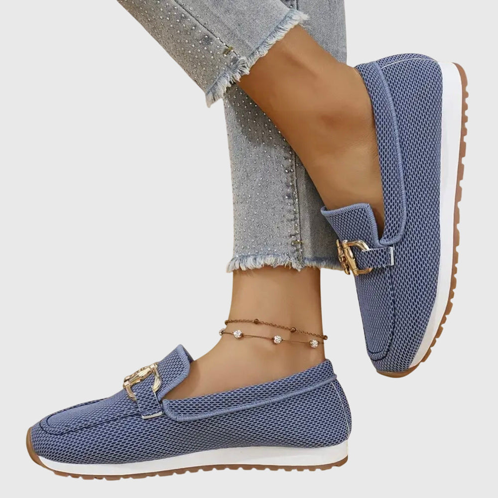 Blue chain-detail slip-on loafers with gold buckle hardware and textured fabric