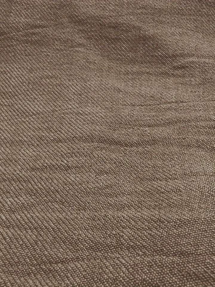Woven linen-look fabric swatch, dark khaki textured close-up