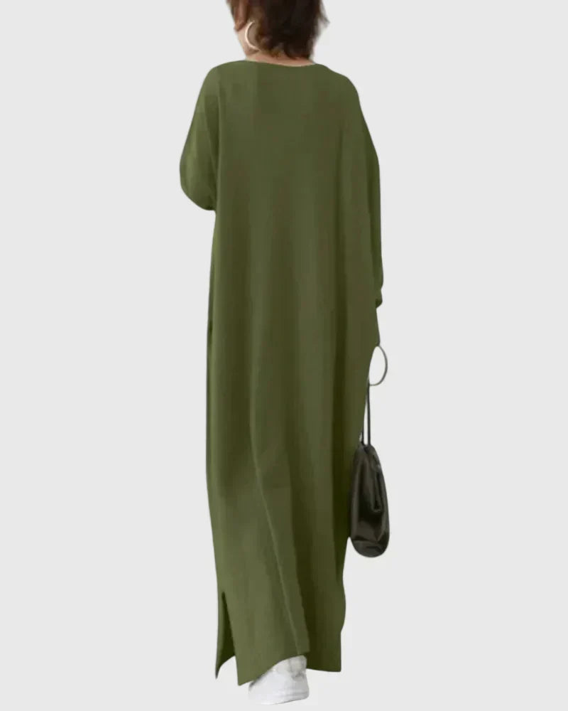 Relaxed cocoon maxi dress, dark green, back view, long sleeves, side slit hem