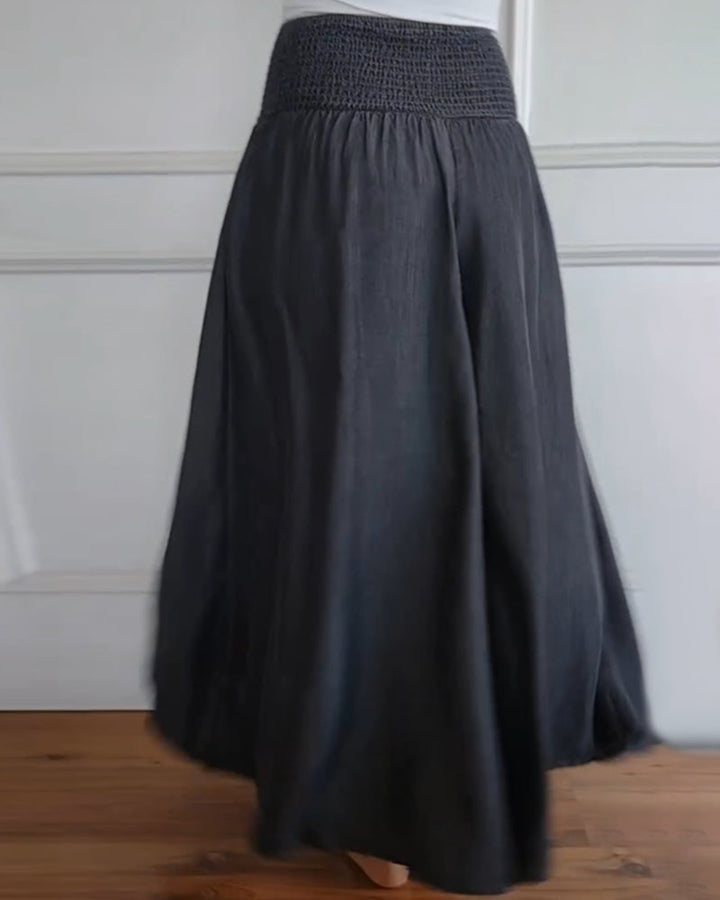 Dark blue wide-leg pants, gathered elastic waist, flared A-line silhouette